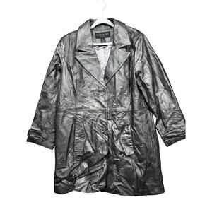 Centigrade Leather Coat Womens 1X Gray Trench Single Breasted Lined Pockets